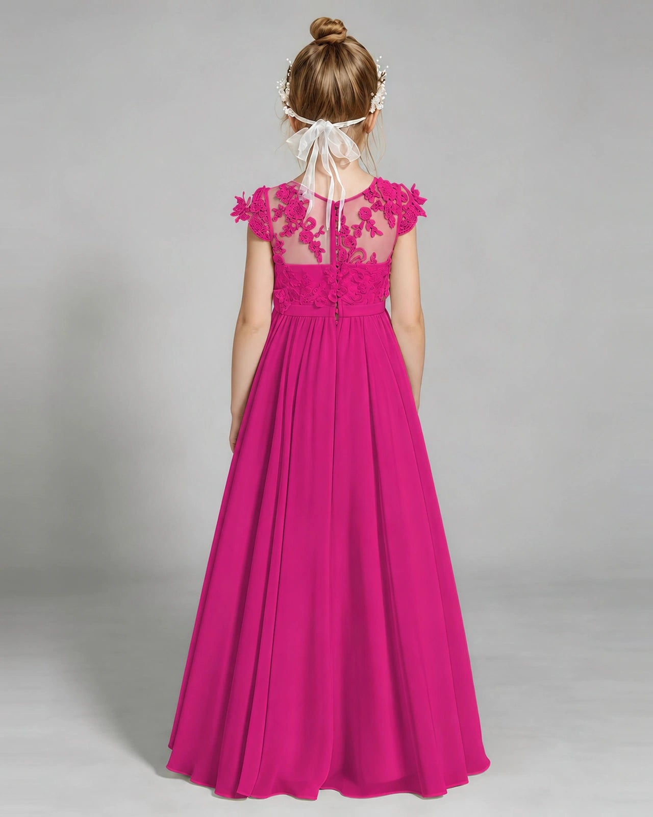Hot Pink Flower Girl Dress 3D Floral Lace Sheer Chiffon A-Line Floor-Length Gown Back Full View