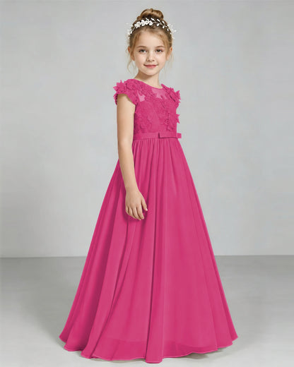Hot Pink Flower Girl Dress 3D Floral Lace Sheer Chiffon A-Line Floor-Length Gown Side Full View