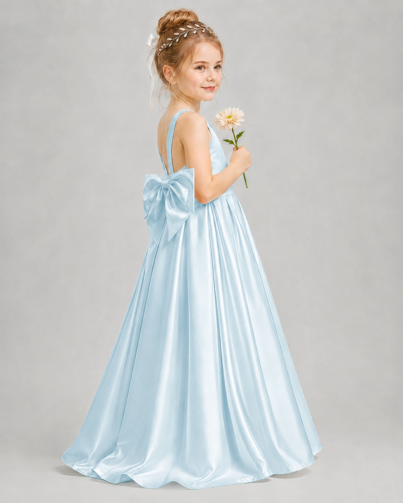 Baby Blue Satin A-line Flower Girl Dress Side View