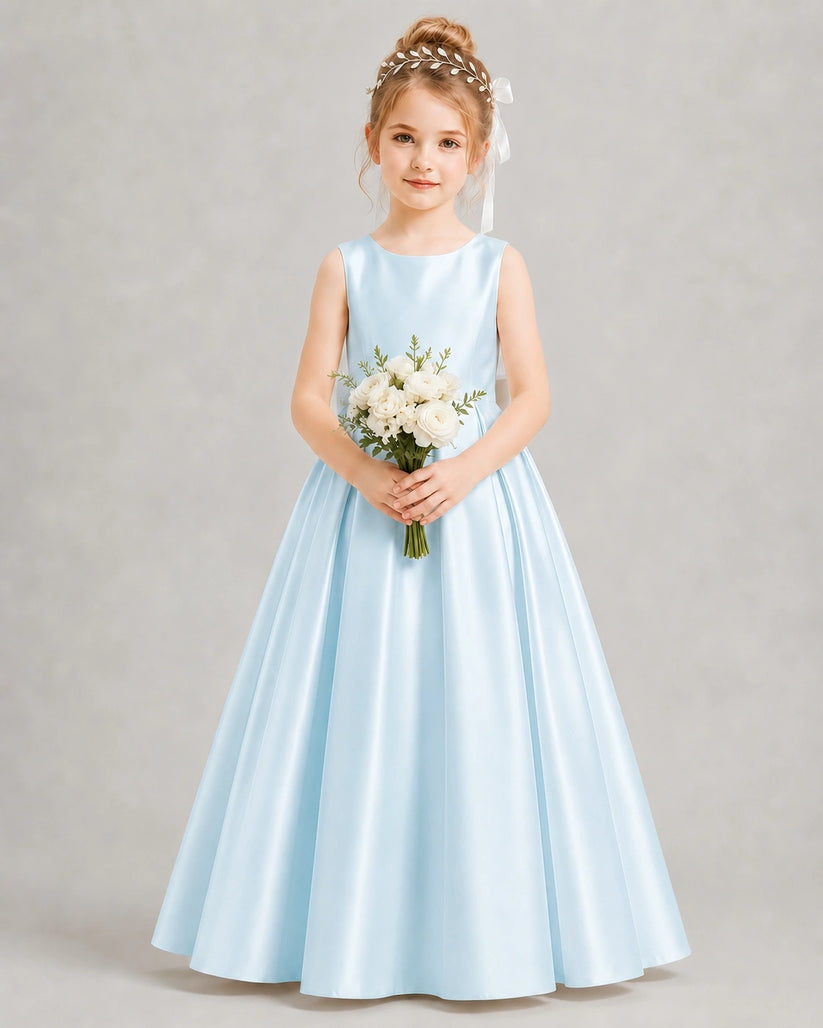 Baby Blue Satin A-line Flower Girl Dress Front View