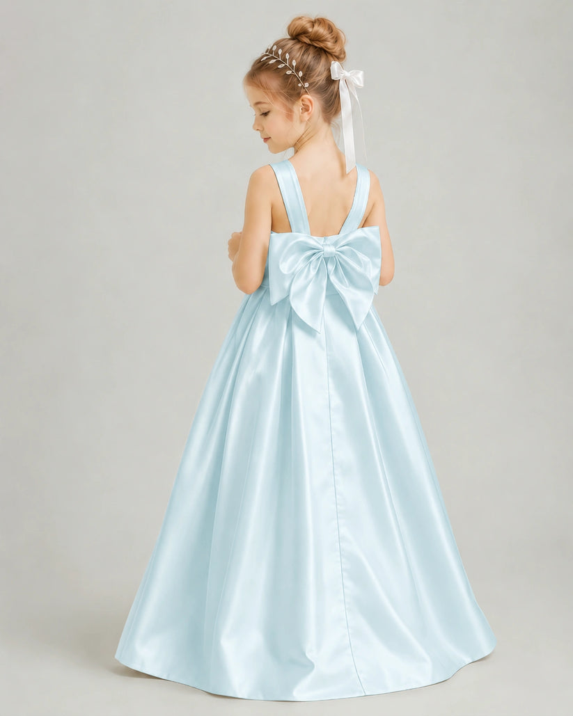 Baby Blue Satin A-line Flower Girl Dress Back View