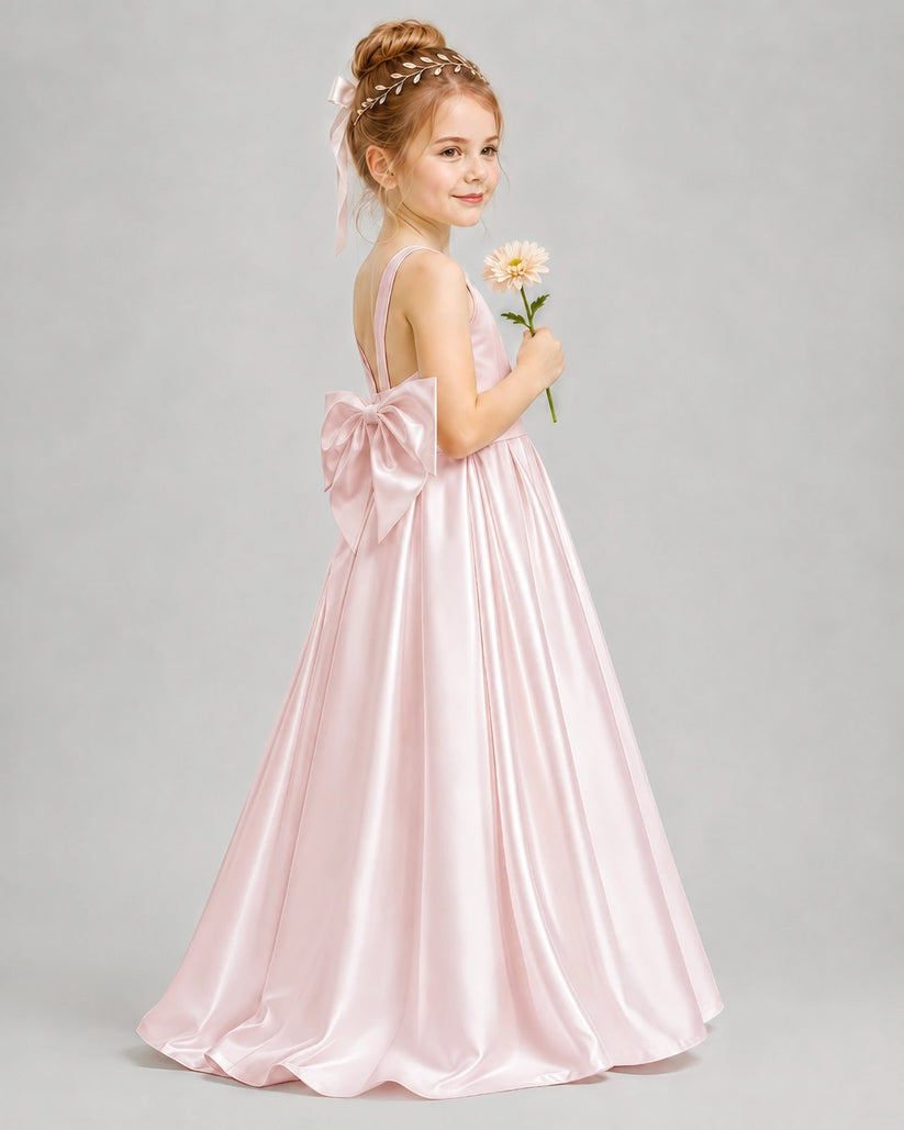 Blush Pink Satin A-line Flower Girl Dress Side View