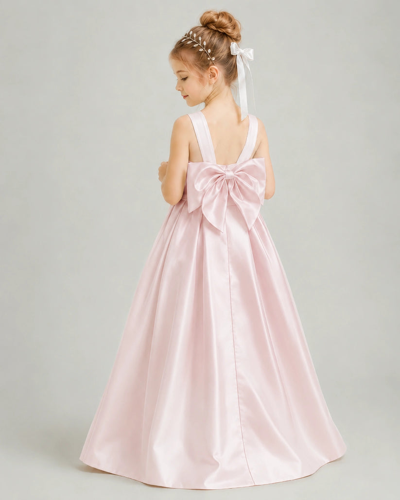 Blush Pink Satin A-line Flower Girl Dress Back View