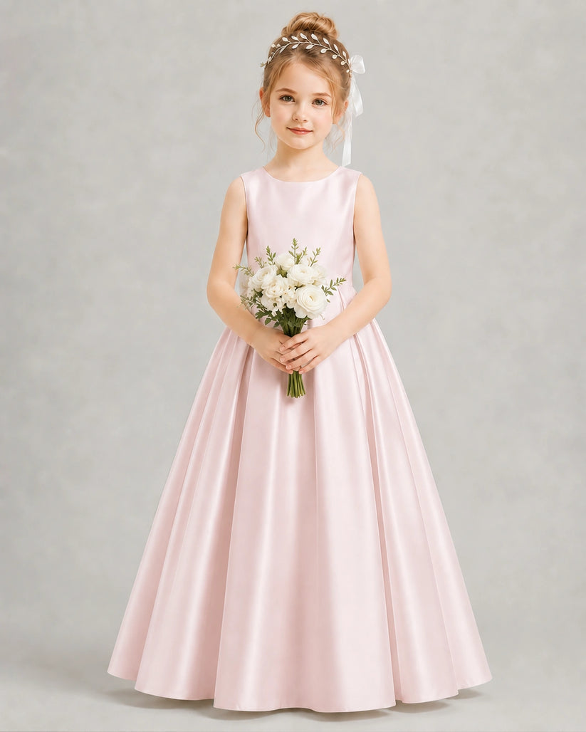 Blush Pink Satin A-line Flower Girl Dress Front View