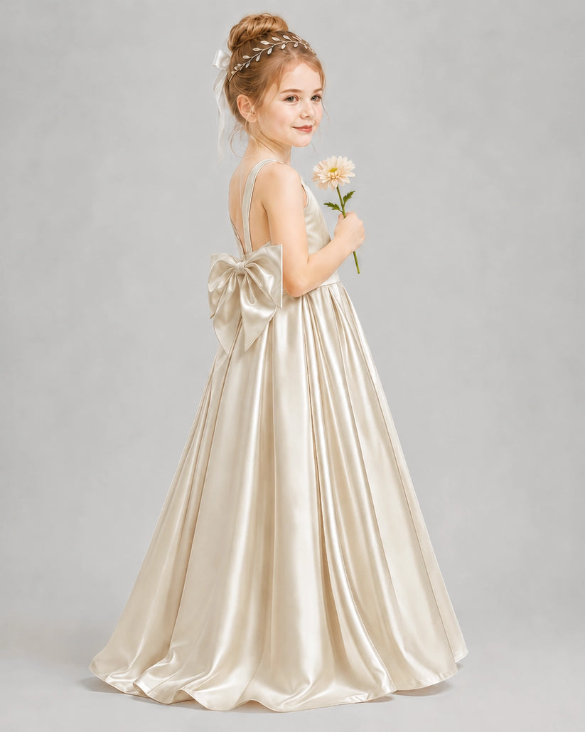 Champagne Satin A-line Flower Girl Dress Side View