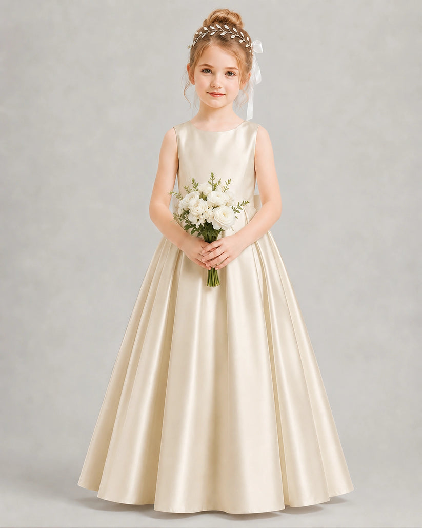 Champagne Satin A-line Flower Girl Dress Front View