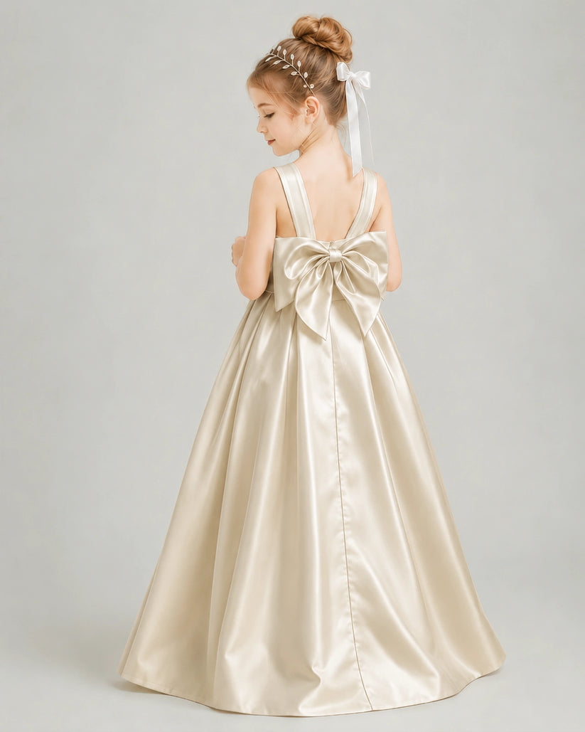 Champagne Satin A-line Flower Girl Dress Back View