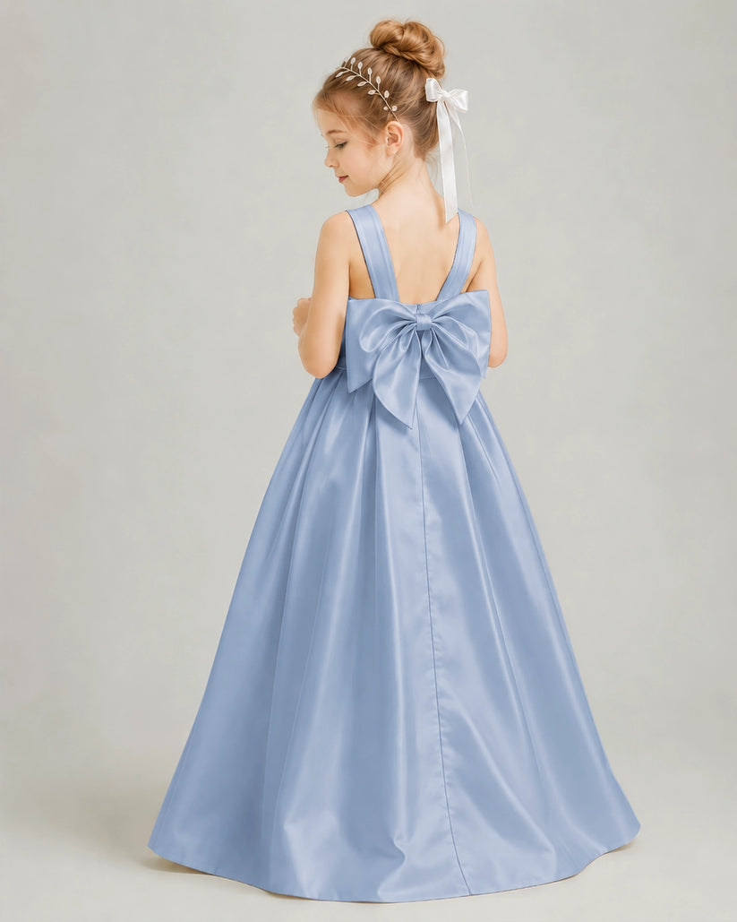 Dusty Blue Satin A-line Flower Girl Dress Back View