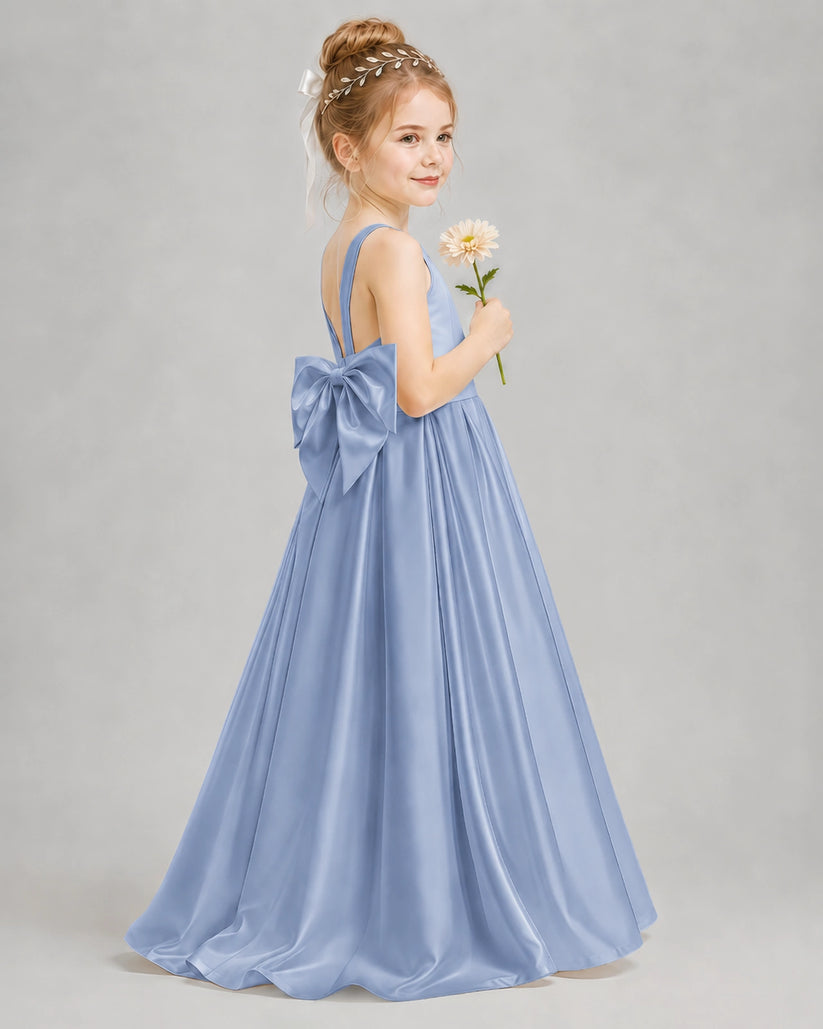 Dusty Blue Satin A-line Flower Girl Dress Side View