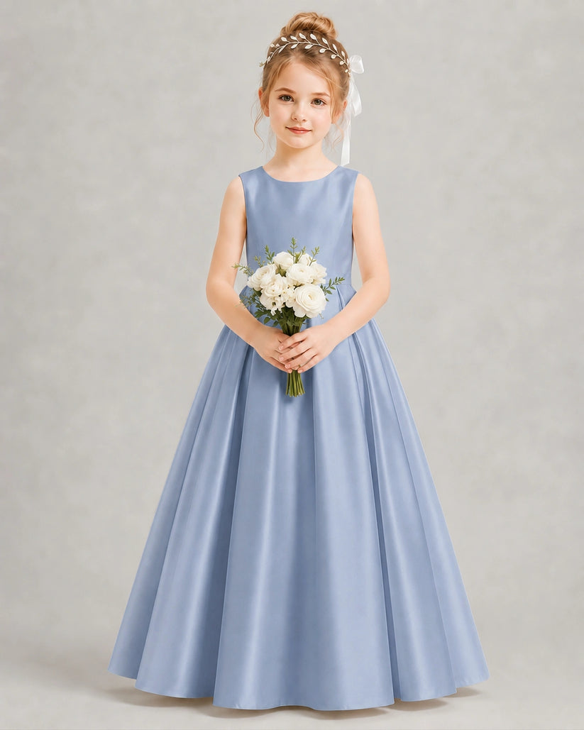 Dusty Blue Satin A-line Flower Girl Dress Front View
