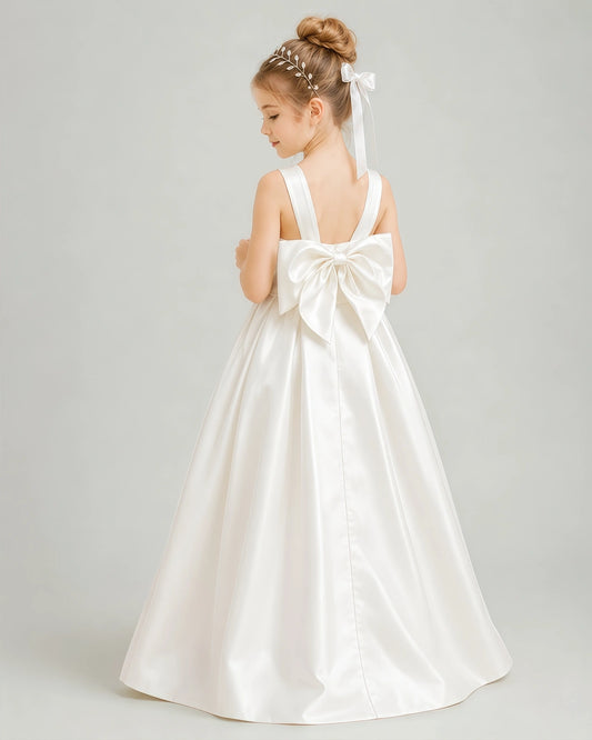 Ivory Satin A-line Flower Girl Dress Back View