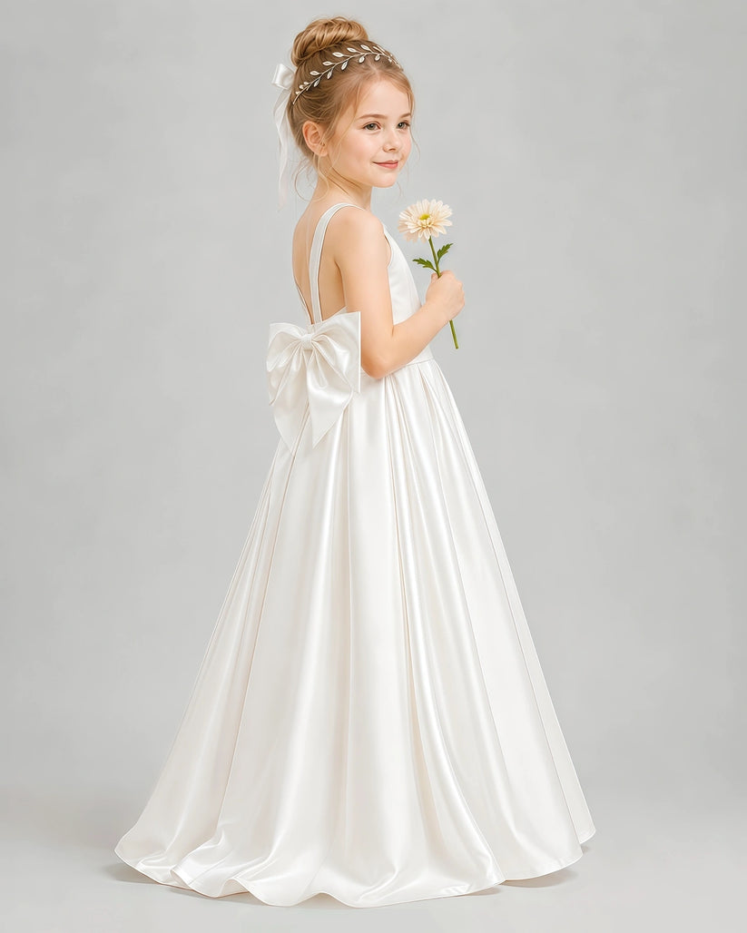 Ivory Satin A-line Flower Girl Dress Side View