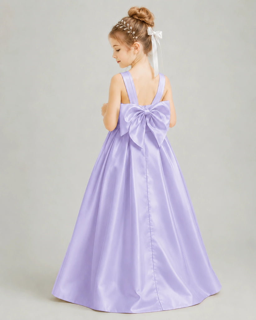 Lavender Satin A-line Flower Girl Dress Back View
