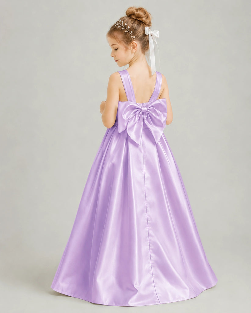Lilac Satin A-line Flower Girl Dress Back View