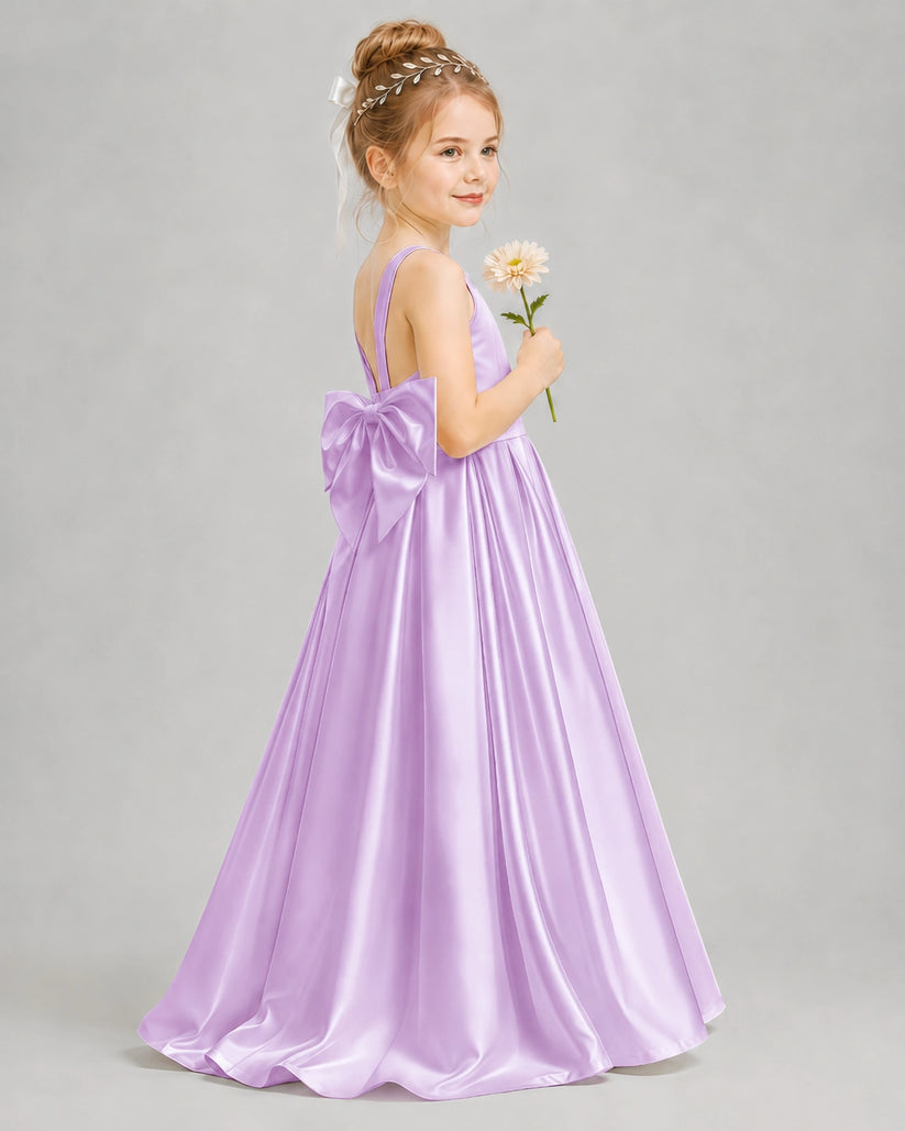 Lilac Satin A-line Flower Girl Dress Side View