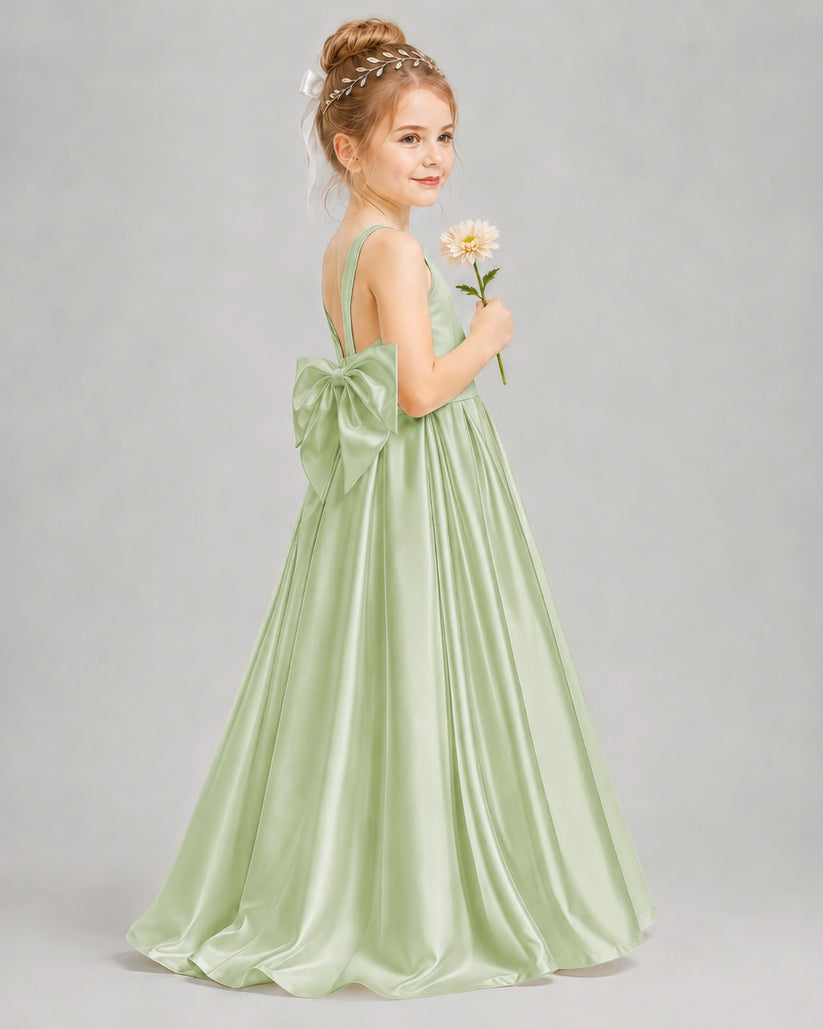 Sage Green Satin A-line Flower Girl Dress Side View