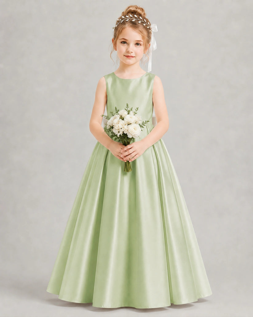 Sage Green Satin A-line Flower Girl Dress Front View