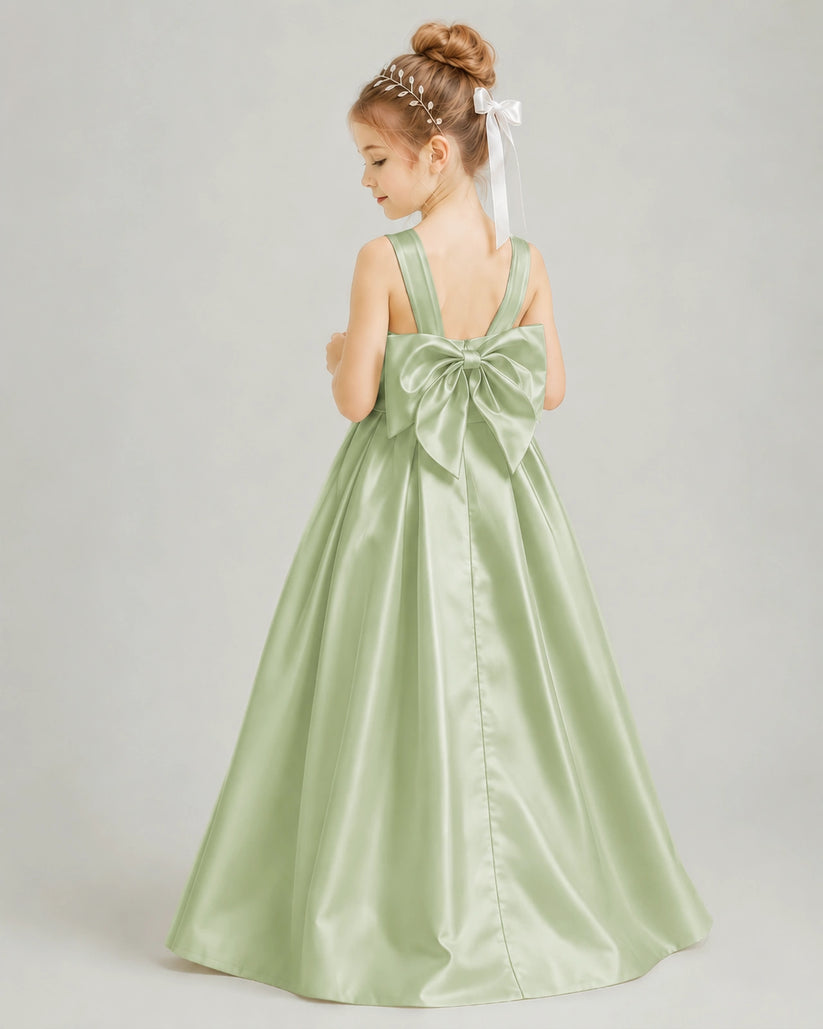 Sage Green Satin A-line Flower Girl Dress Back View