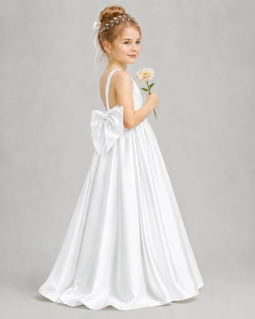 White Satin A-line Flower Girl Dress Side View
