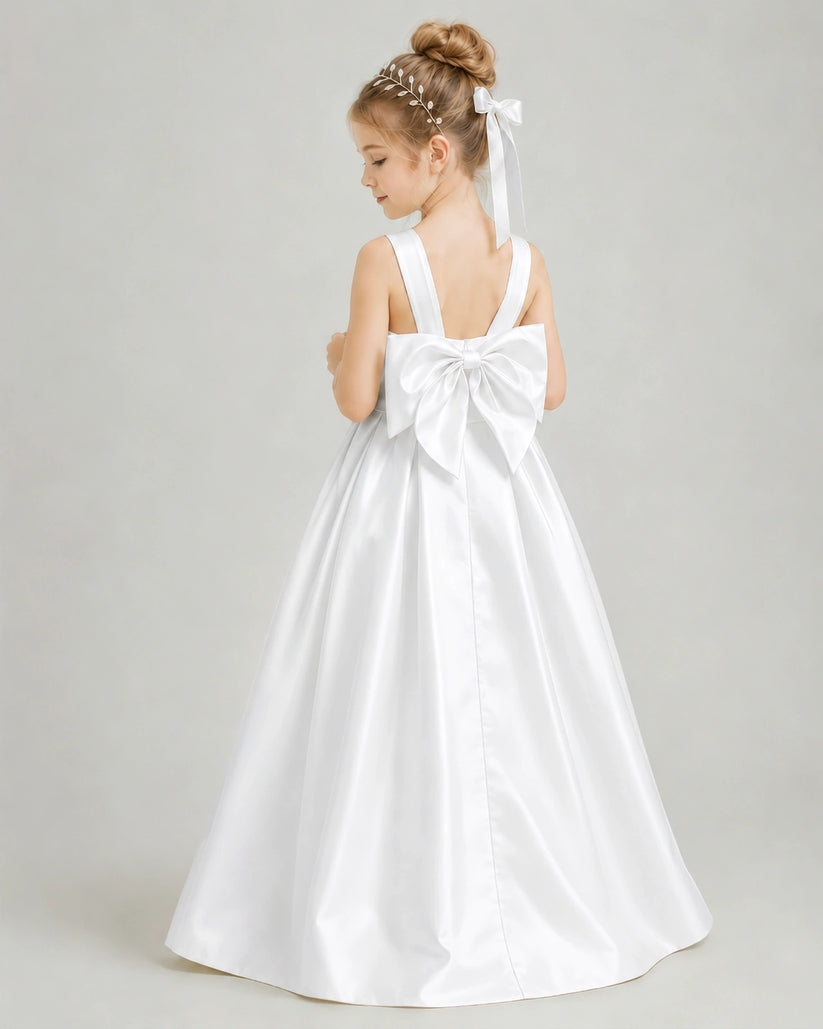 White Satin A-line Flower Girl Dress Back View