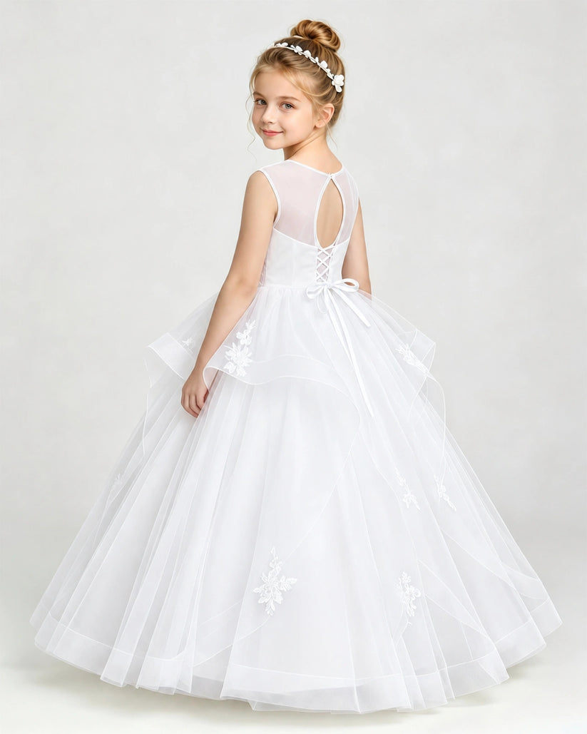 White Tulle Ball Gown Pageant Dress Back View