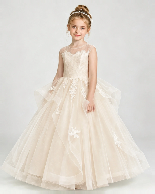 Champagne Tulle Ball Gown Pageant Dress Front View