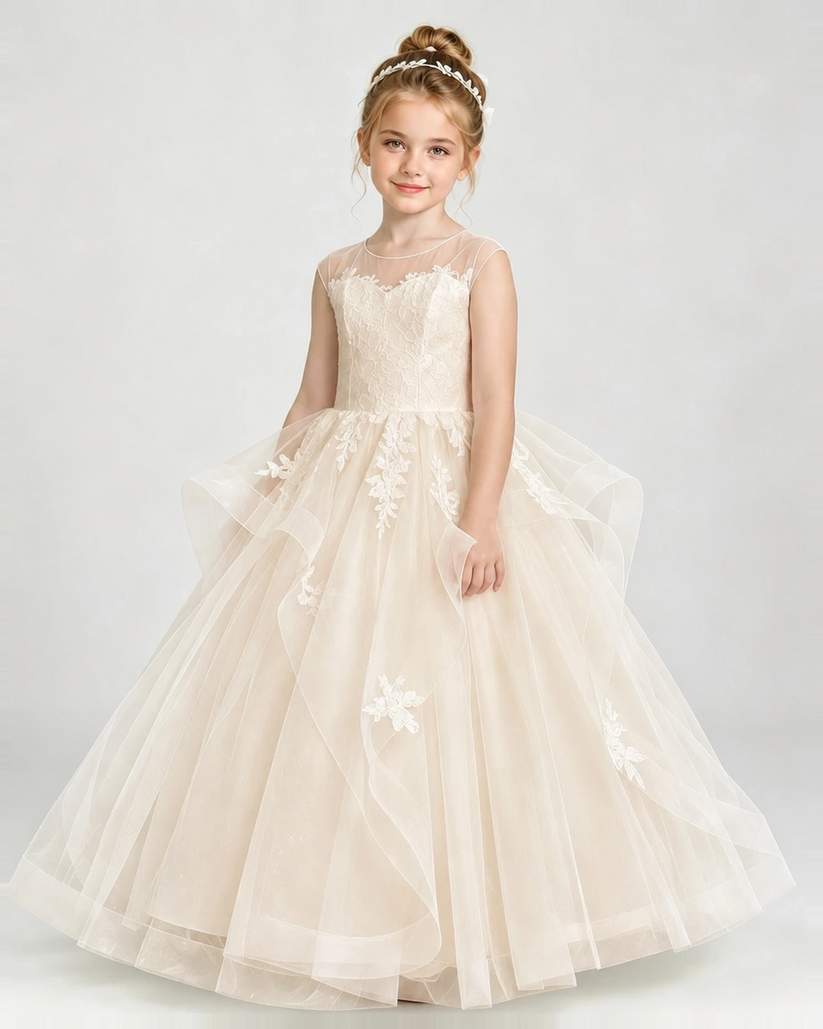 Champagne Tulle Ball Gown Pageant Dress Front View