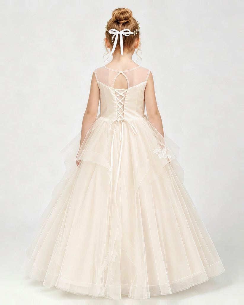 Champagne Tulle Ball Gown Pageant Dress Back View