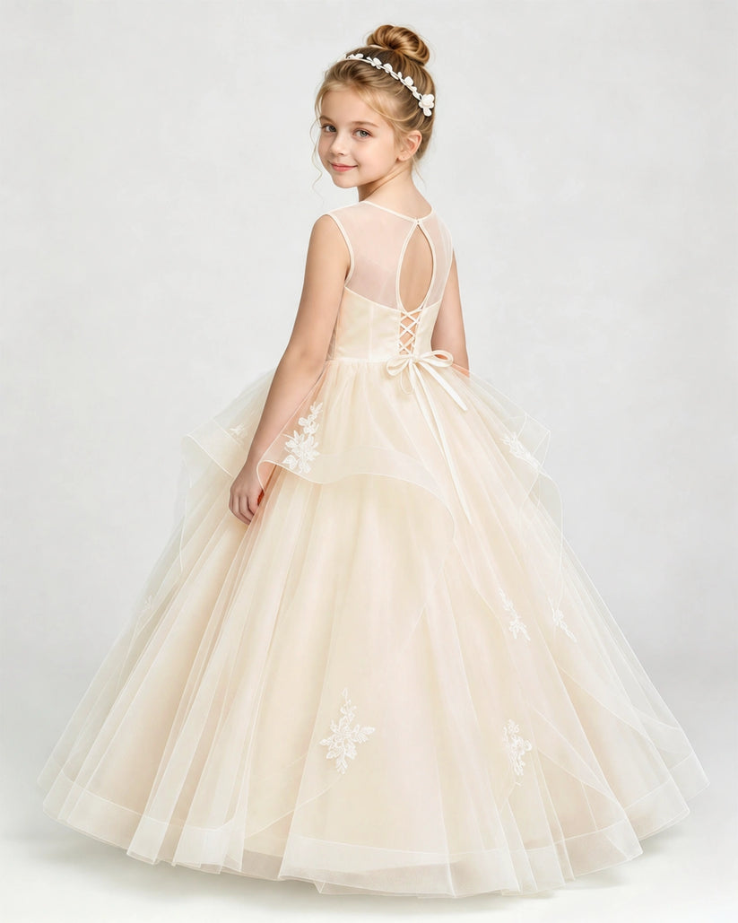 Champagne Tulle Ball Gown Pageant Dress Back View