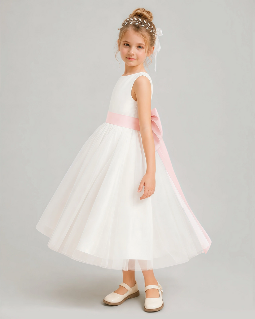Blush Pink Tulle A-line Flower Girl Dress Side View