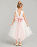 Blush Pink Satin A-line Flower Girl Dress Back View