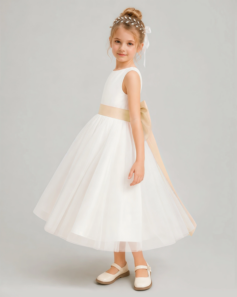 Champagne Tulle A-line Flower Girl Dress Side View