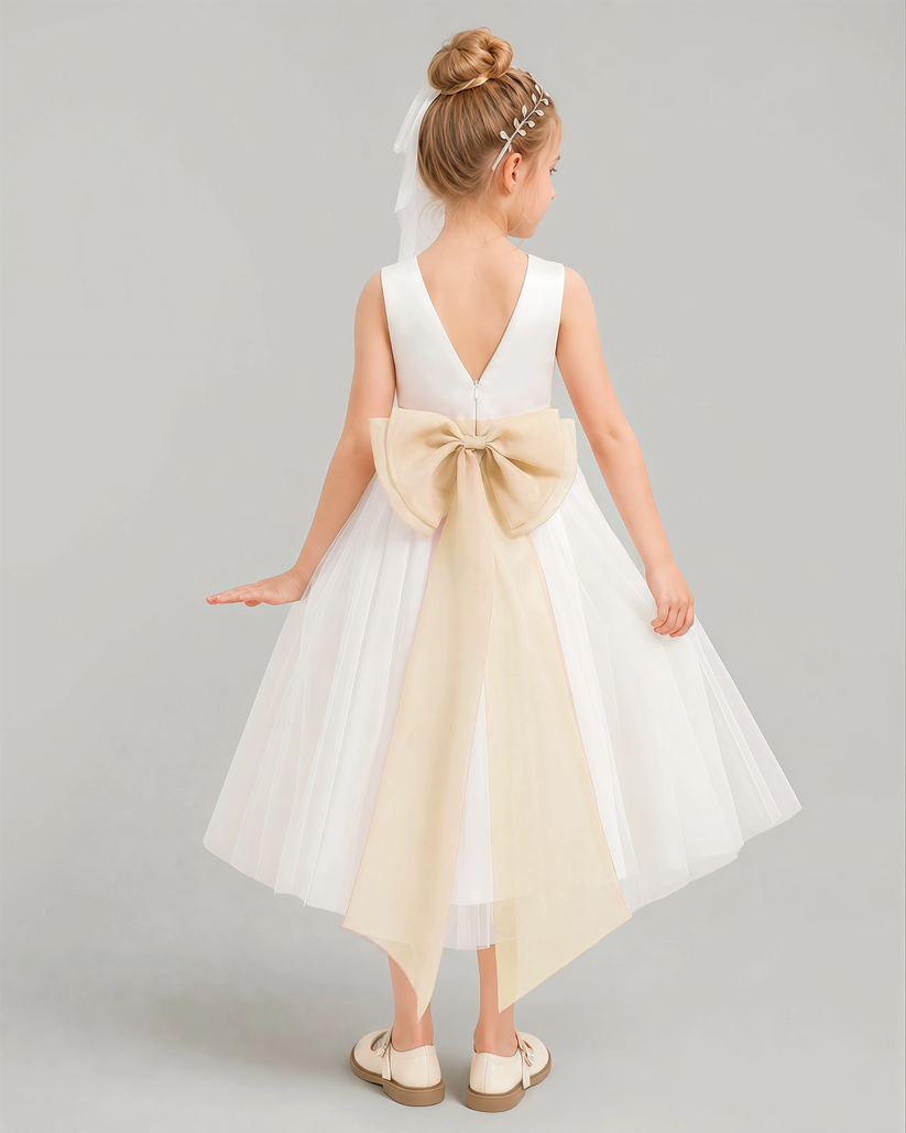 Champagne Tulle A-line Flower Girl Dress Back View