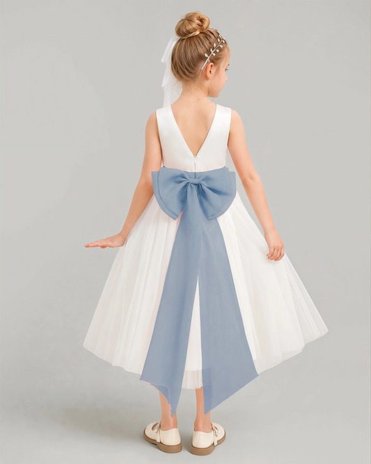 Dusty Blue Tulle A-line Flower Girl Dress Back View