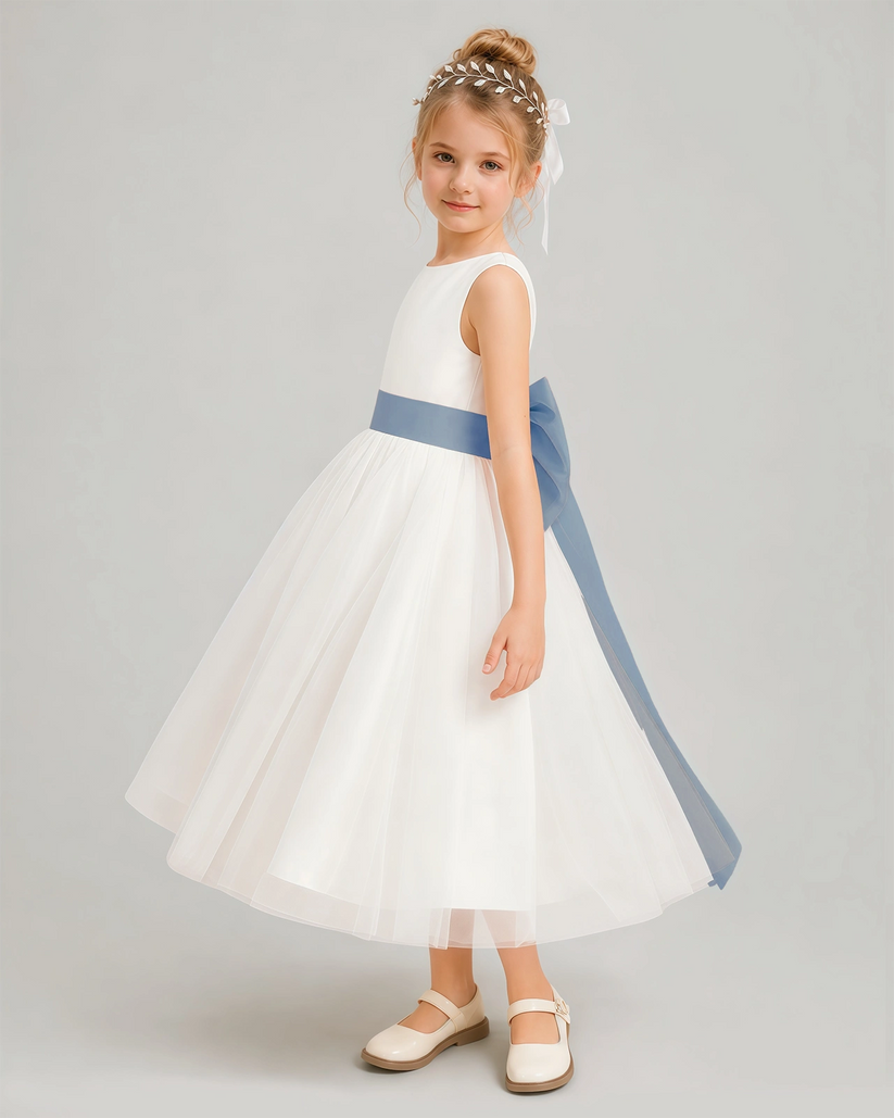 Dusty Blue Tulle A-line Flower Girl Dress Side View