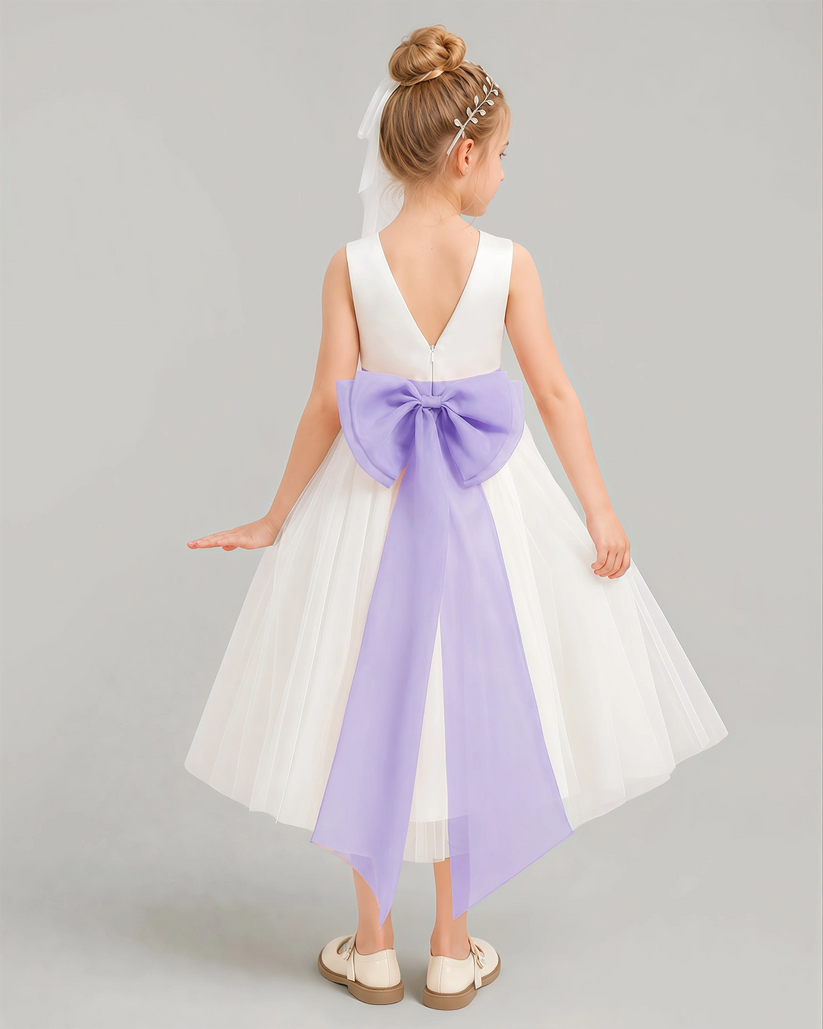 Lavender Satin A-line Flower Girl Dress Back View