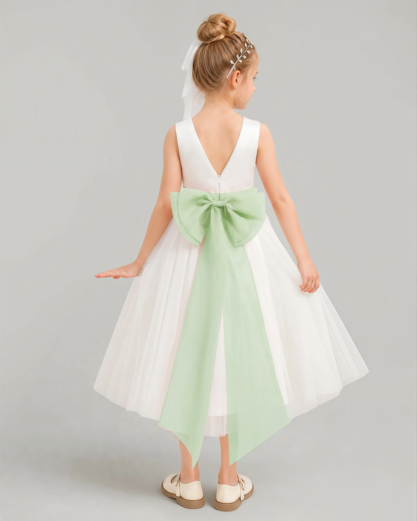 Sage Green Tulle A-line Flower Girl Dress Back View