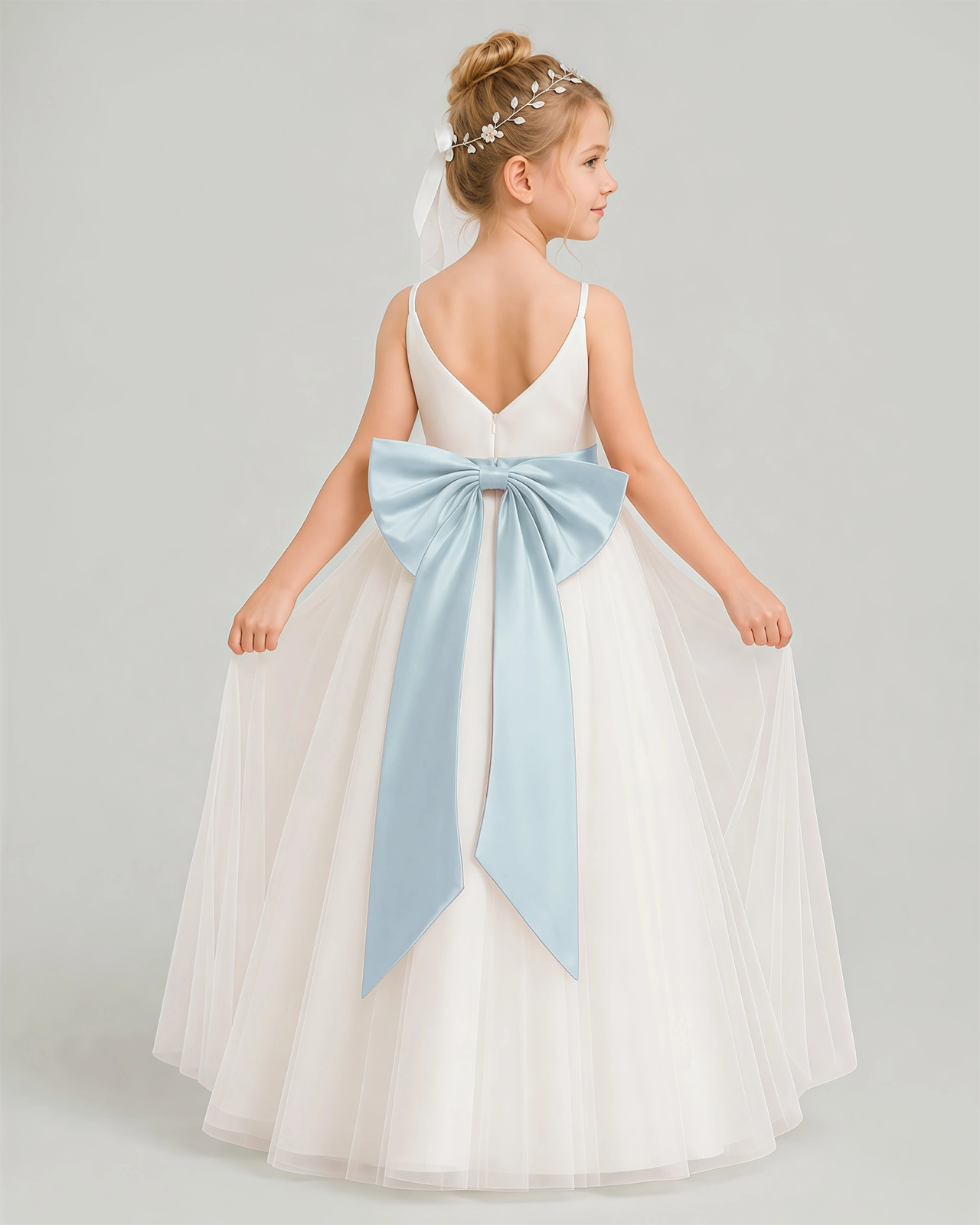 Dideyttawl White Flower Girl Dress | Spaghetti Strap Pink Sash Tulle Ball Gown