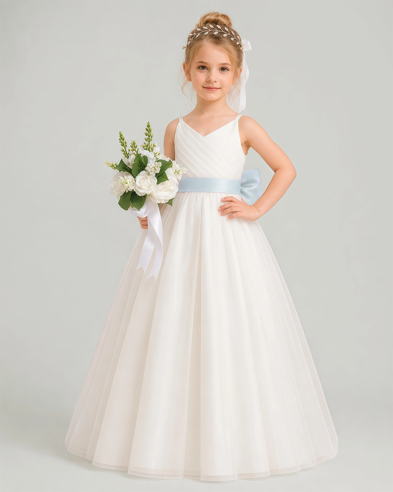 Dideyttawl White Flower Girl Dress | Spaghetti Strap Pink Sash Tulle Ball Gown