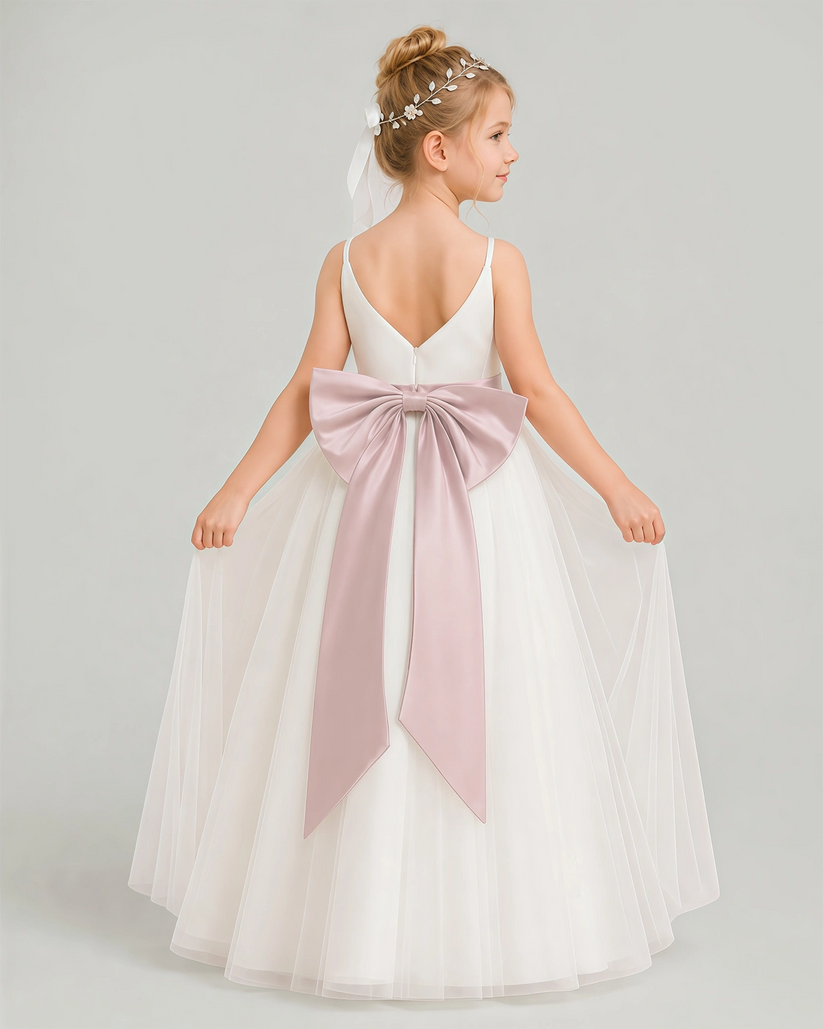 Blush Pink Tulle A-line Flower Girl Dress Back View