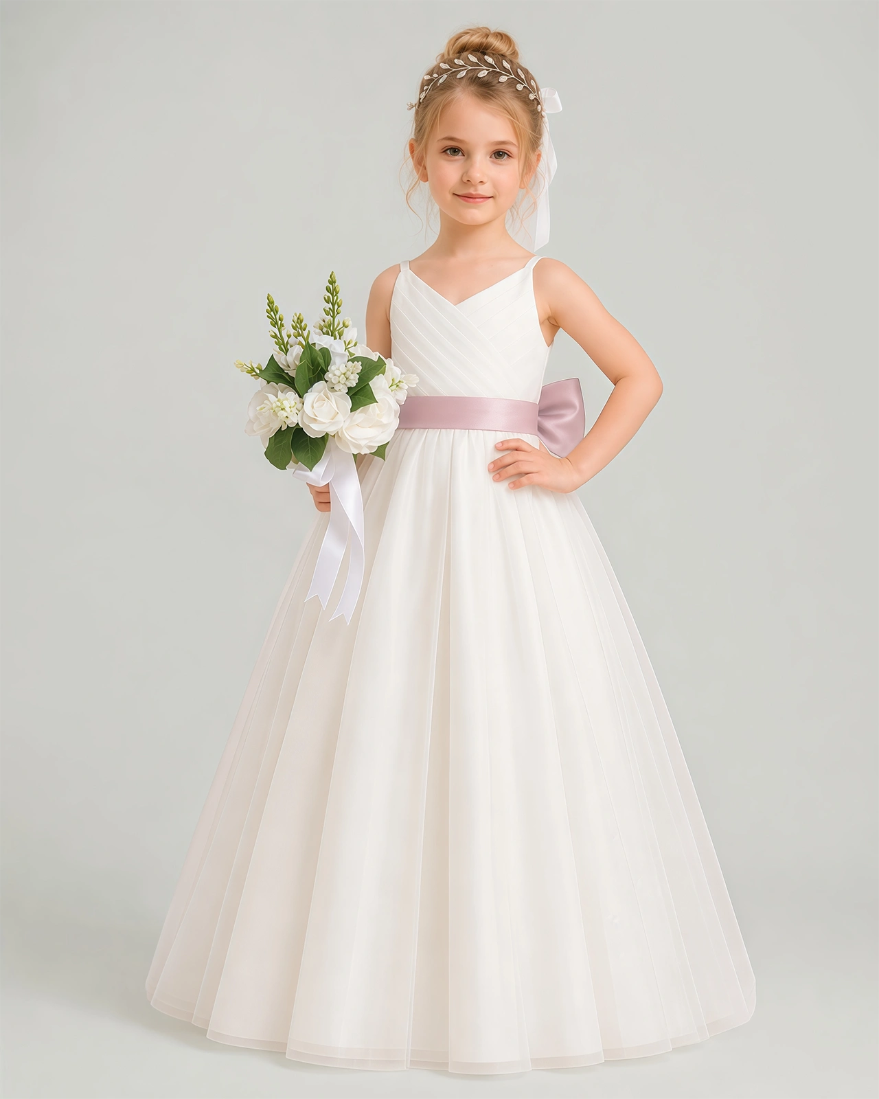 Dideyttawl White Flower Girl Dress | Spaghetti Strap Pink Sash Tulle Ball Gown