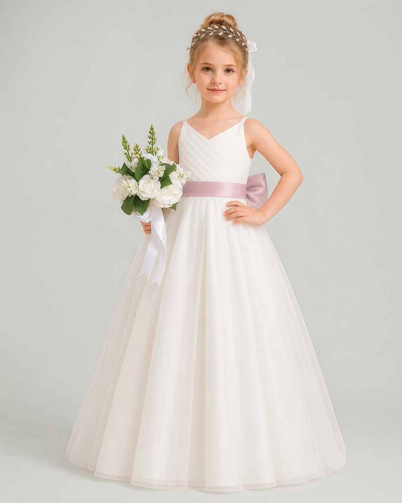 Blush Pink Tulle A-line Flower Girl Dress Front View