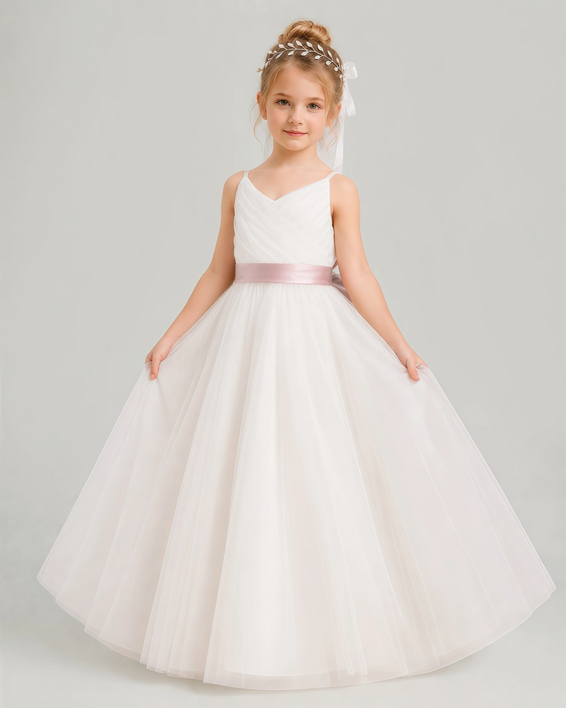 Blush Pink Tulle A-line Flower Girl Dress Front View
