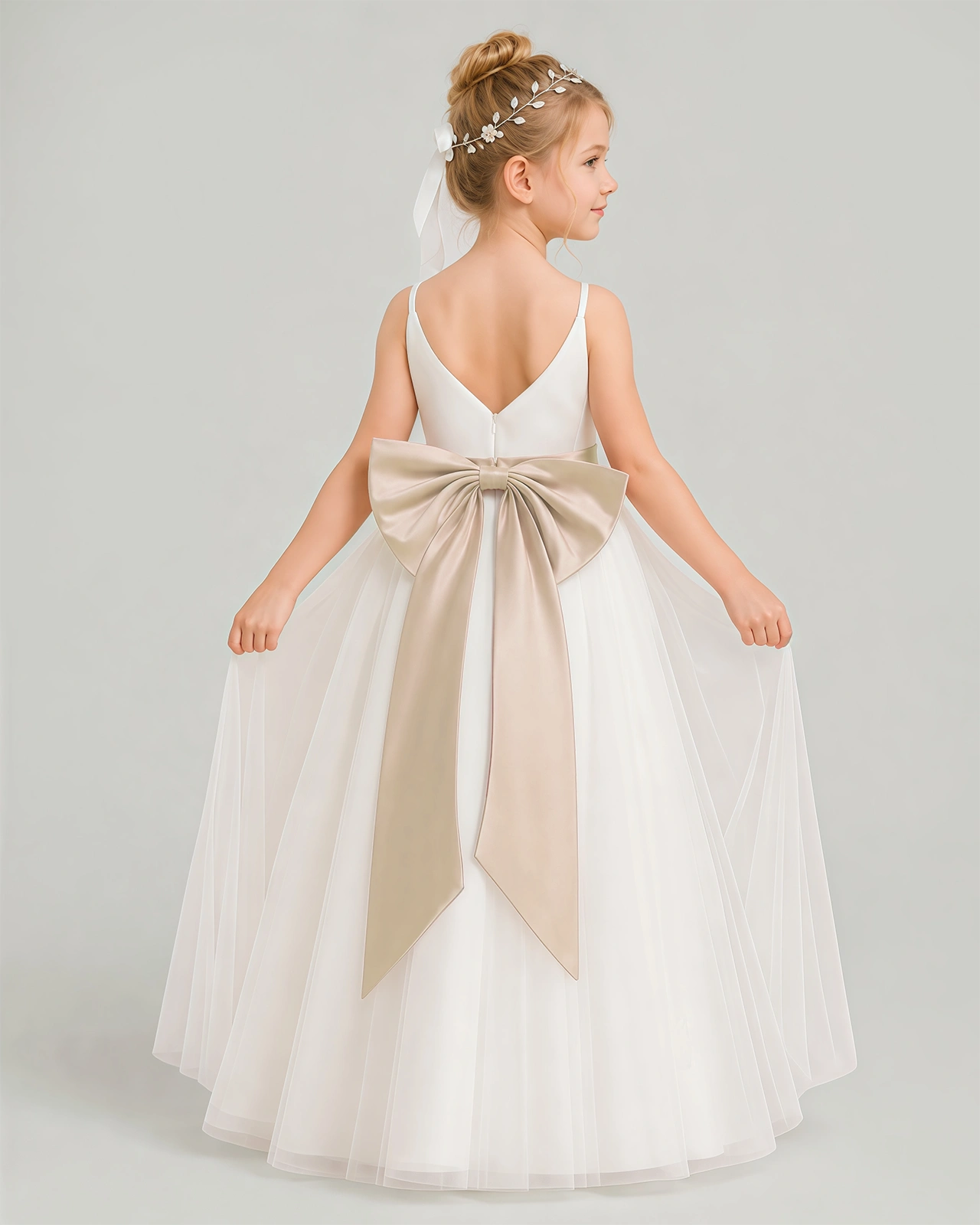 Dideyttawl White Flower Girl Dress | Spaghetti Strap Pink Sash Tulle Ball Gown