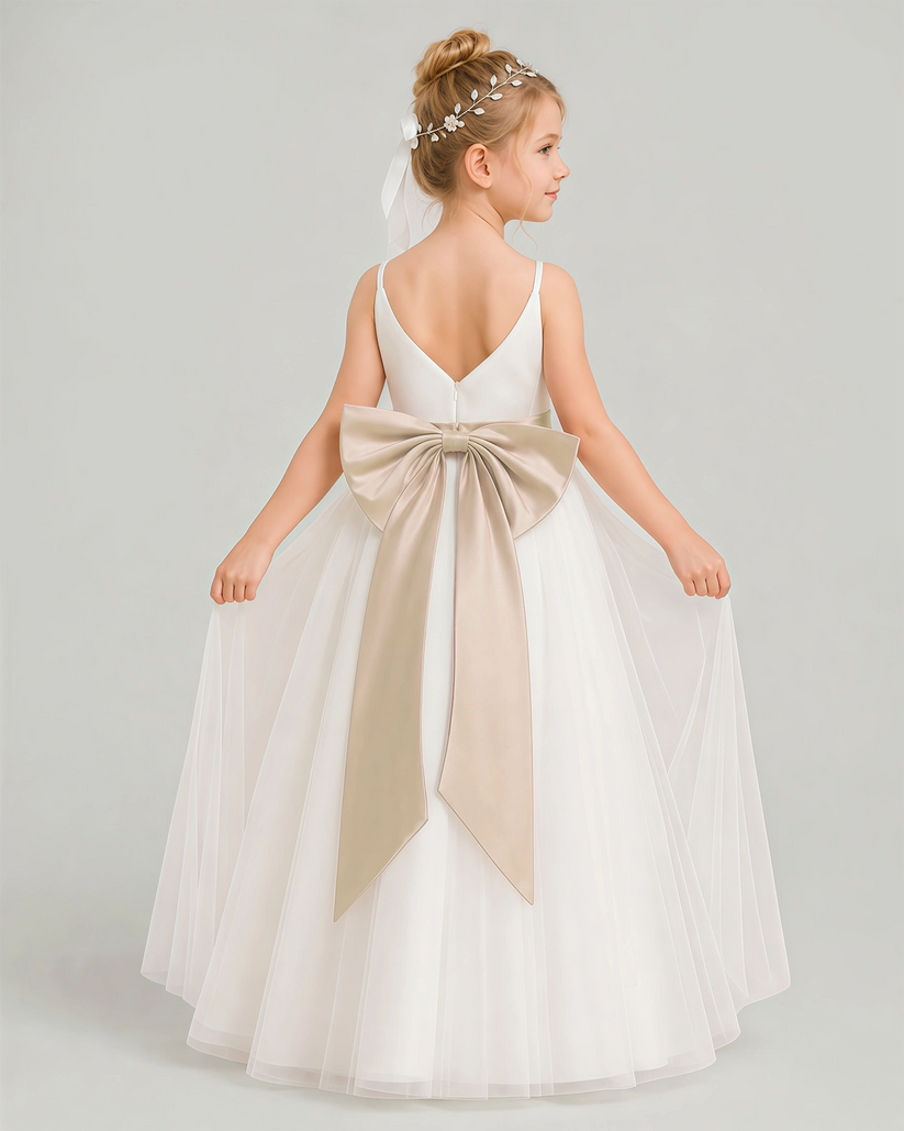 Champagne Tulle A-line Flower Girl Dress Back View