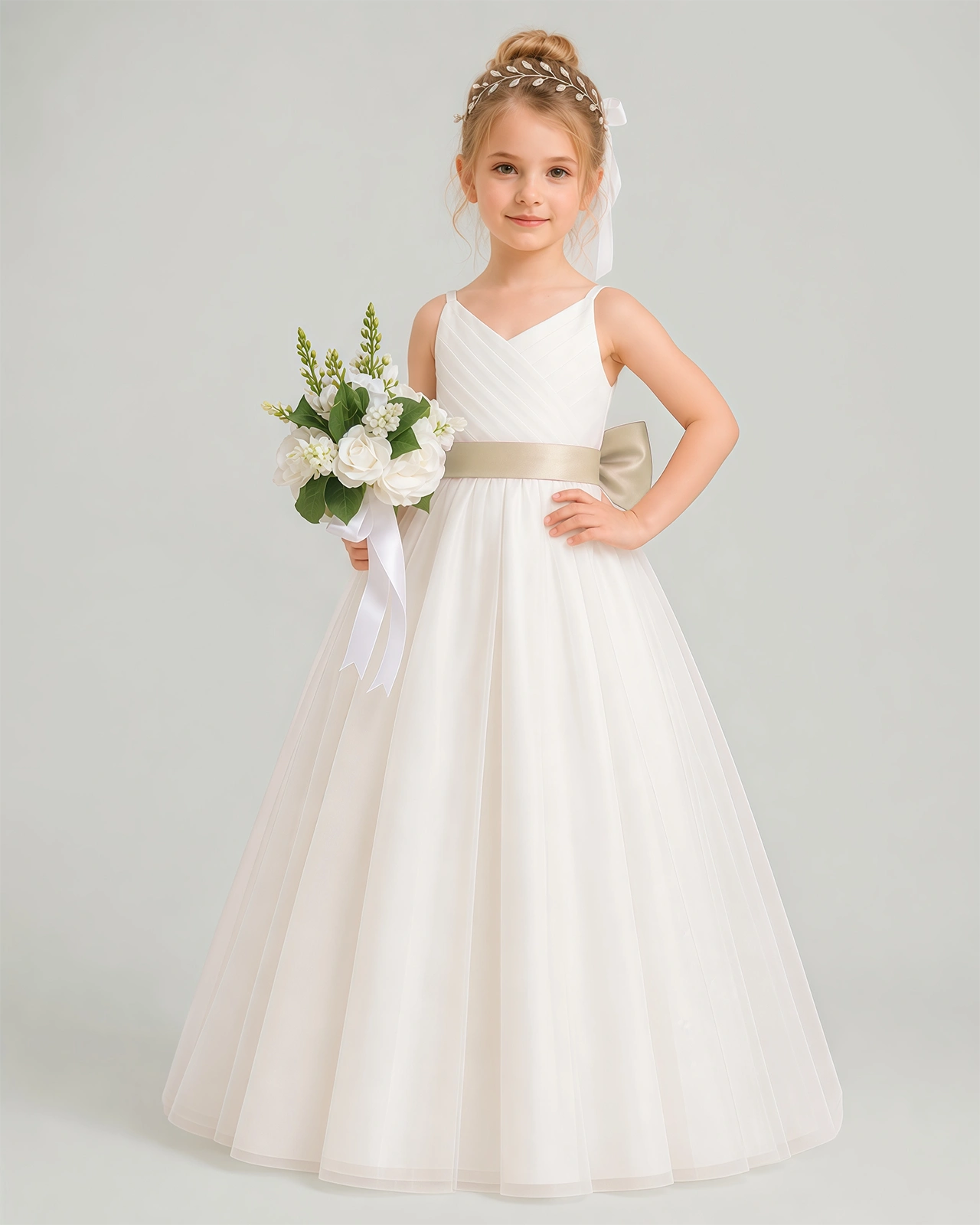 Dideyttawl White Flower Girl Dress Spaghetti Strap Pink Sash Tulle Ball Gown