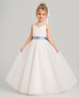 Dusty Blue Tulle A-line Flower Girl Dress Front View