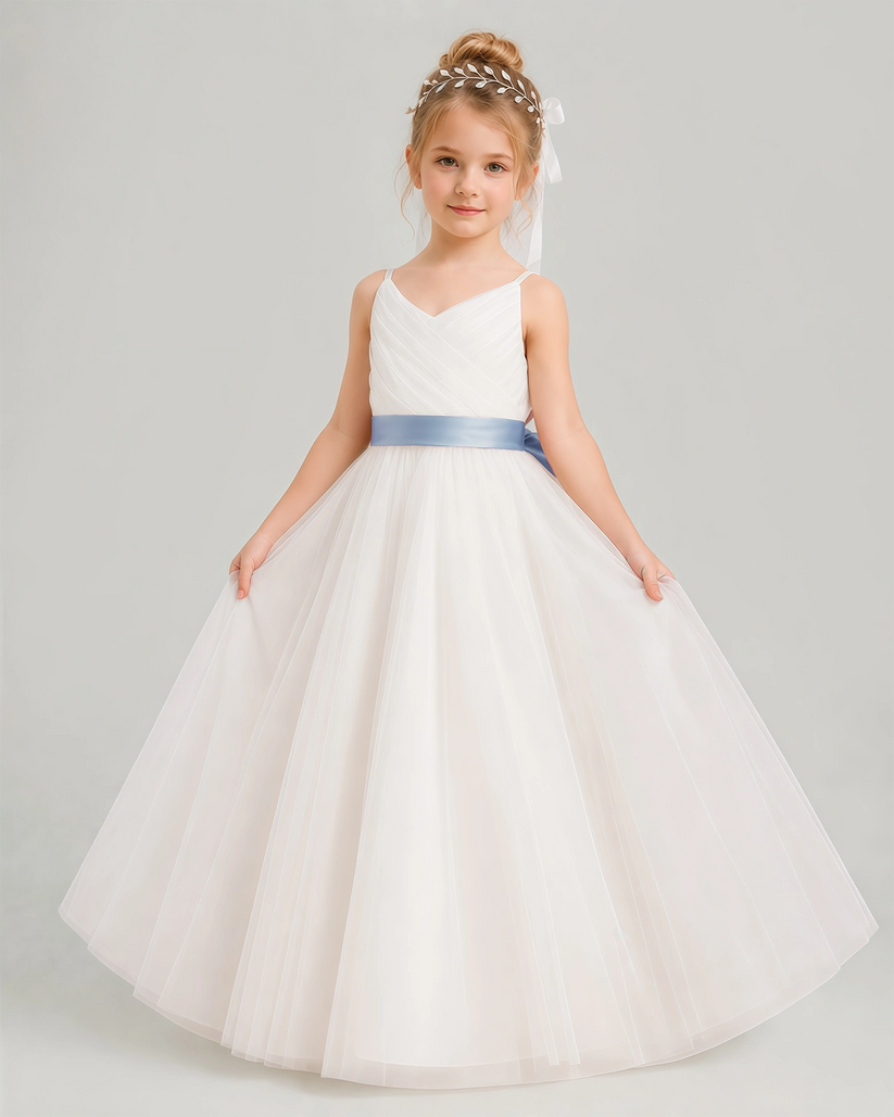 Dusty Blue Tulle A-line Flower Girl Dress Front View