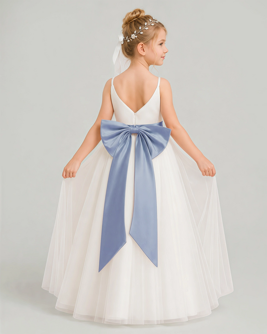 Dusty Blue Tulle A-line Flower Girl Dress Back View