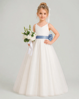 Dusty Blue Tulle A-line Flower Girl Dress Front View
